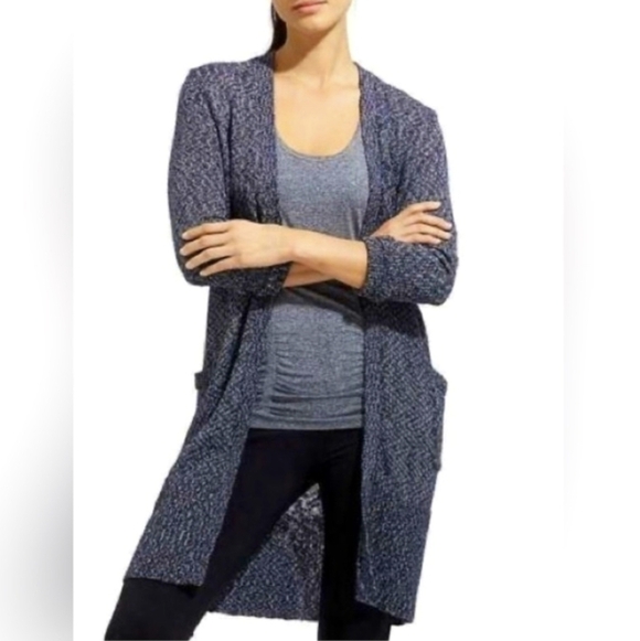 Athleta Weekend Wrap Open Front Cardigan Long Sweater With Pockets Blue White M - Picture 3 of 11